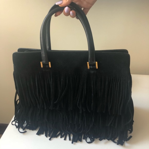 YSL Med Trois Clous Black Suede Fringe Tote - Picture 3 of 8